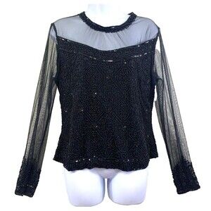 Marina Bresler Women's Size 14 Black Blouse Heavily Beaded Sheer Party Cocktail